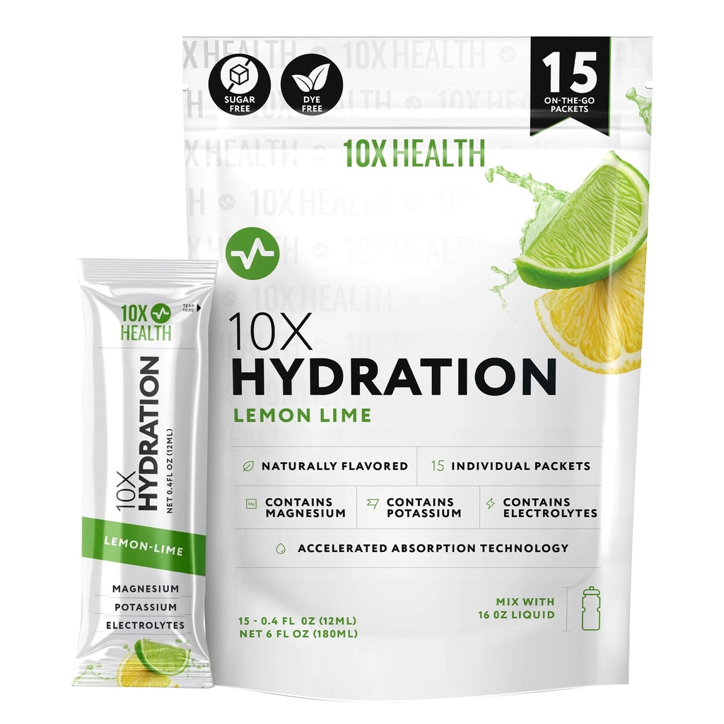 10X Health Hydration Packets Lemon Lime Electrolyte Drink Mix Liquid 15 Stickpacks with Magnezyum Citrate, sodyum & P properties - Natural Flavored Electrolyte