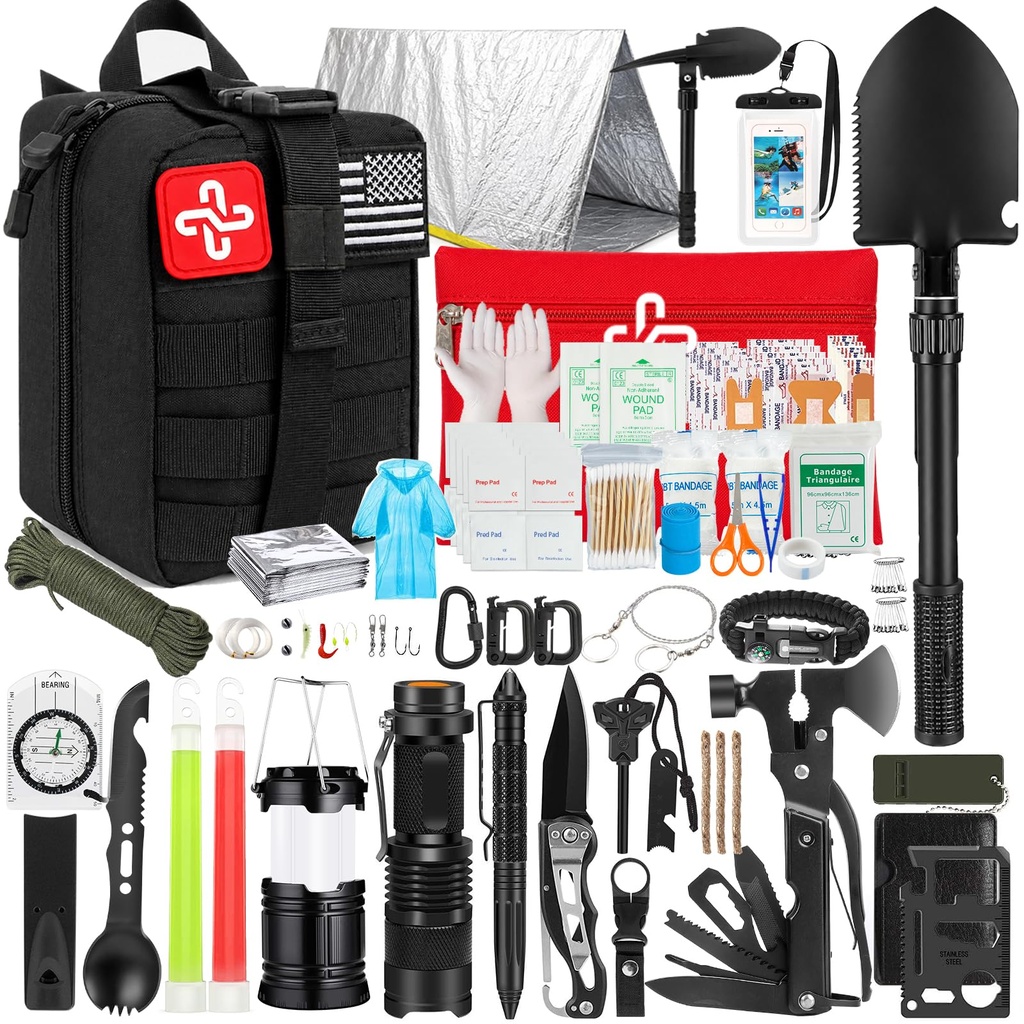 Survival Kit, 250Pcs Survival Gear First Aid Kit with Molle System Uyumlu Bag ve Acil Tent, Deprem için Acil Kit, Açık Macera, Hiking, Hunting, Erkekler için Hediyeler