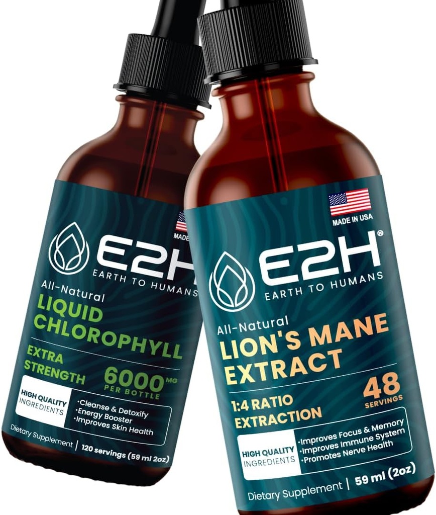 E2H: Sıvı Chlorophyll ve Lion's Mane Mushroom | Vegan, Non-GMO - 2 Fl Oz Her (4 Fl Oz Total) - Schen