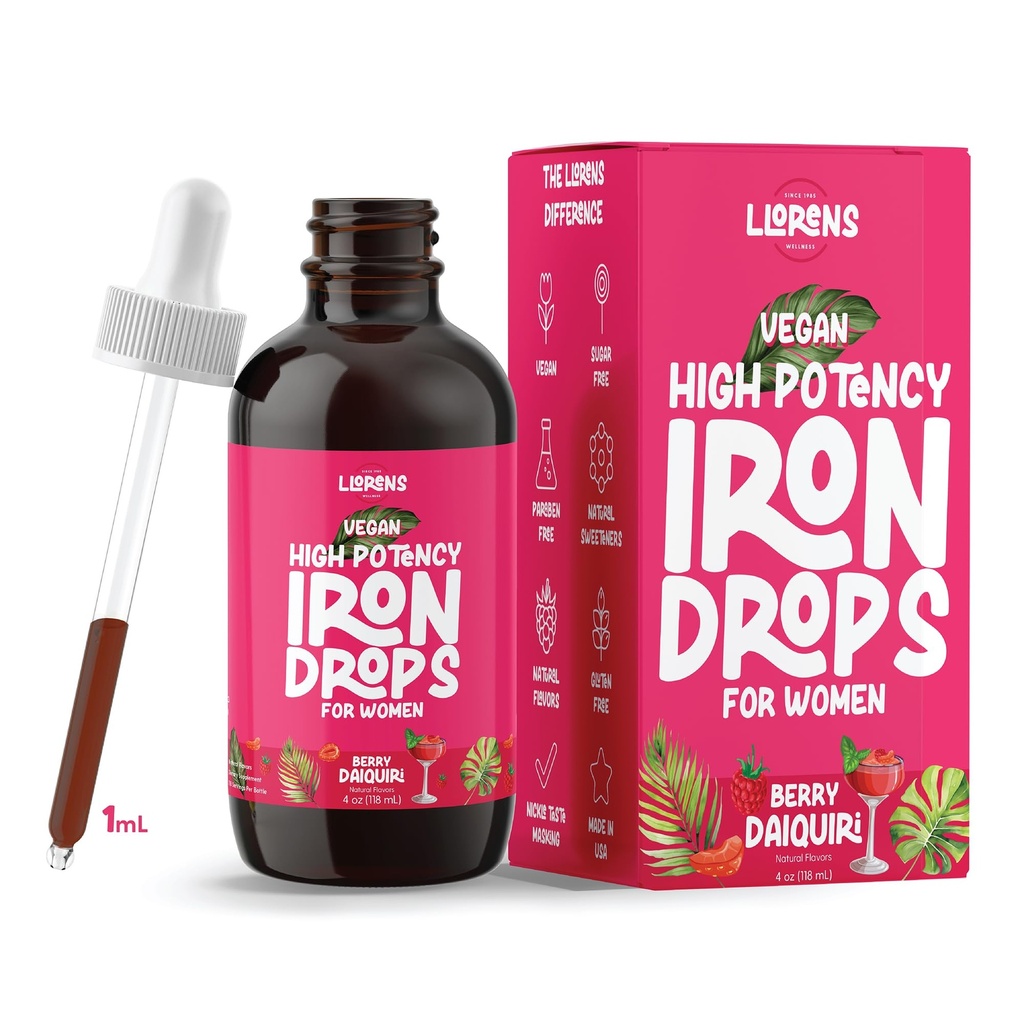 LLORENS PHARMACEUTICAL Iron Supplement for Women Iron Drops Daily Support, 20mg of Polysaccharide Complex Free Taste, Natural Sweeteners, Vegan ve Paraben Free (Berry Daiquiri, 4 Fl Oz)