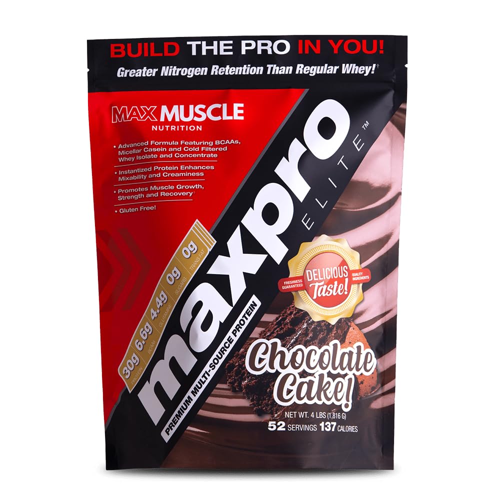 Max Muscle Maxpro Elite Whey Protein Powder | 30g Protein | 0g Sugar | 6.6g BCAAs | Micellar Casein Cold Filtered Whey Isolate Protein | Promotes Muscle Growth & Recovery (Chocolate Cake, 4lb)
