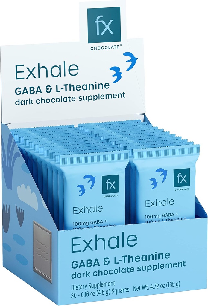 Fx Chocolate Exhale - Calm + Stres Cevaplarını Desteklemek için çikolata Supplement - Sugar Free Cacao 100 mg GABA + 100 mg L-Theanine - Keto Dark - Vegan + Non-GMO (30 Adet)