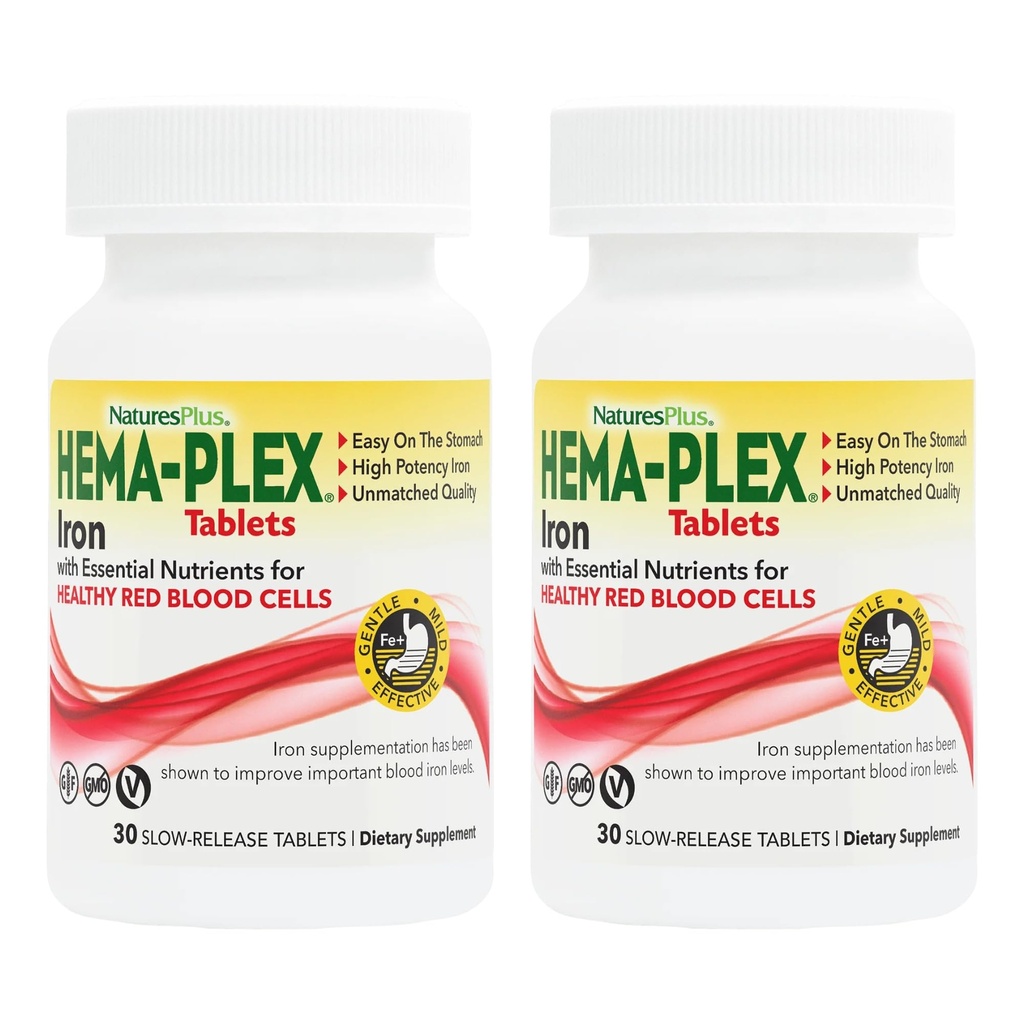 NaturesPlus Hema-Plex Iron - 30 Slow-Release Tabletleri, 2 Paket - Total Blood Health - 85 mg Chelated Iron - C & Bioflavonoids - GMO, Vegetarian & Gluten Free - 60 Toplam Hizmetler