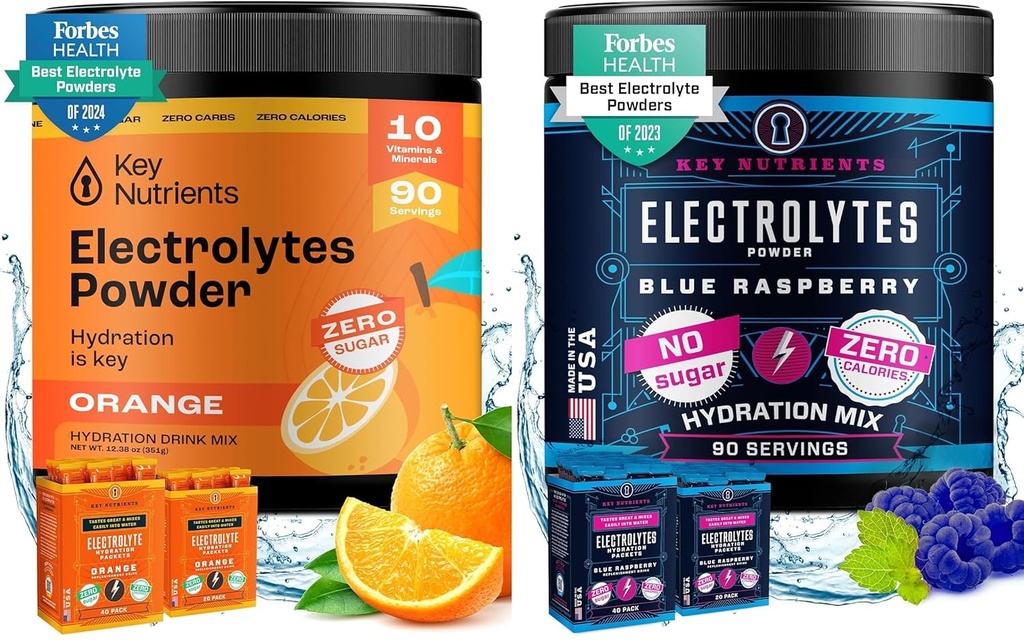 KEY NUTRIENTS Multivitamin Electrolytes Toz Paket - Tangy Orange & Sweet Blue Raspberry - No Sugar, No Calories - Hydration, Endurance, and Energy Supplement - 90 Her Şeyi Yaptı - ABD'de Gerçekleştirildi