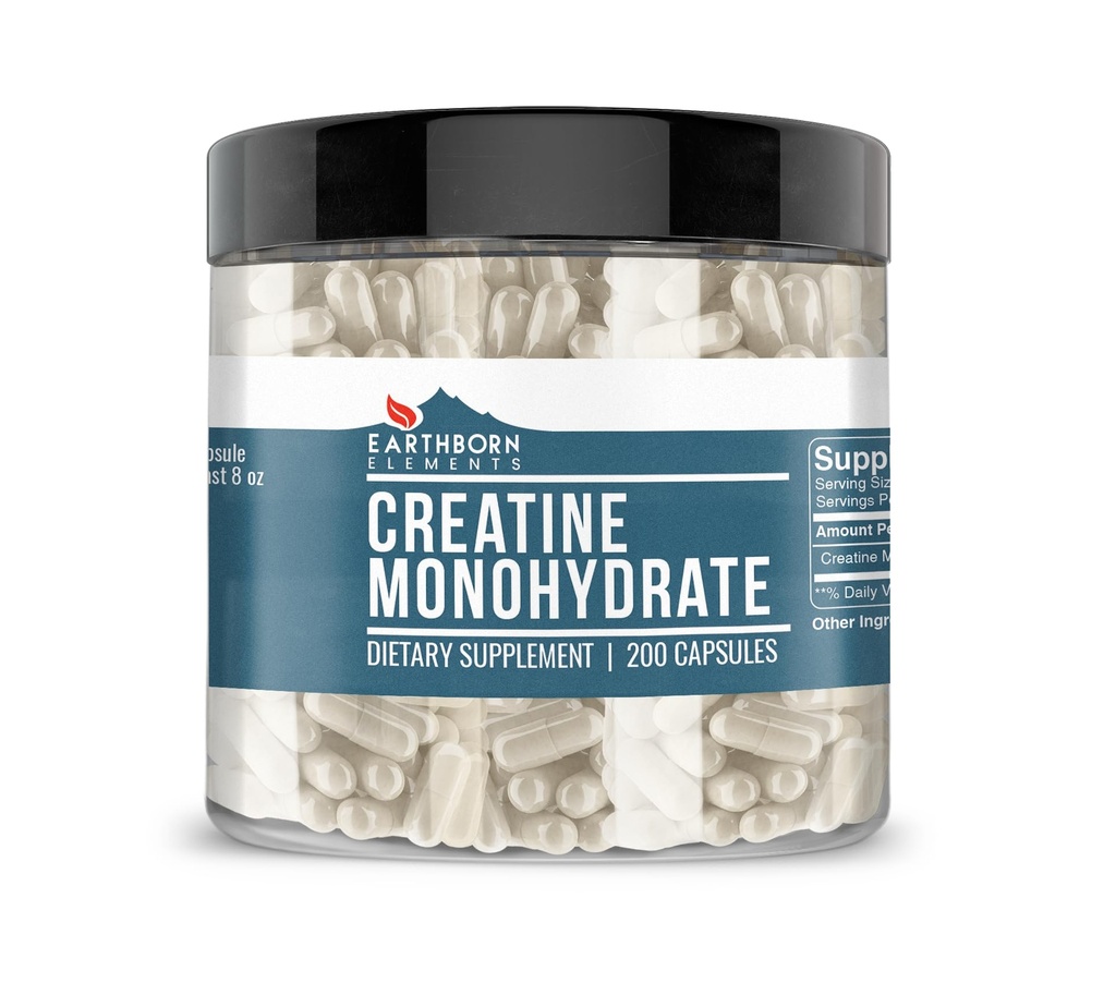 Earthborn Elements Kretine Monohidrat 200 Capsules, Pure & Undiled, No Wordss