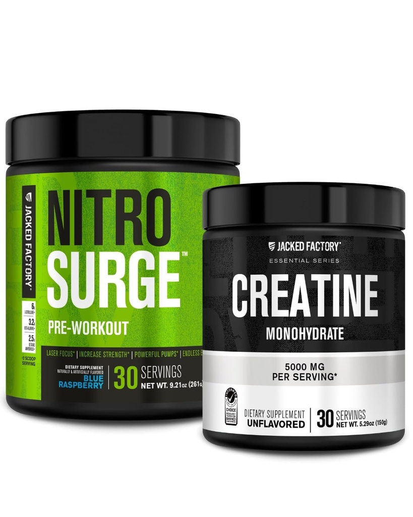 Jacked Factory NITROSURGE Pre Workout Supplement (Mavi Raspberry) Kre Büyüme için Monohidrat Toz 150g, Artan Güç, Geliştirilmiş Enerji