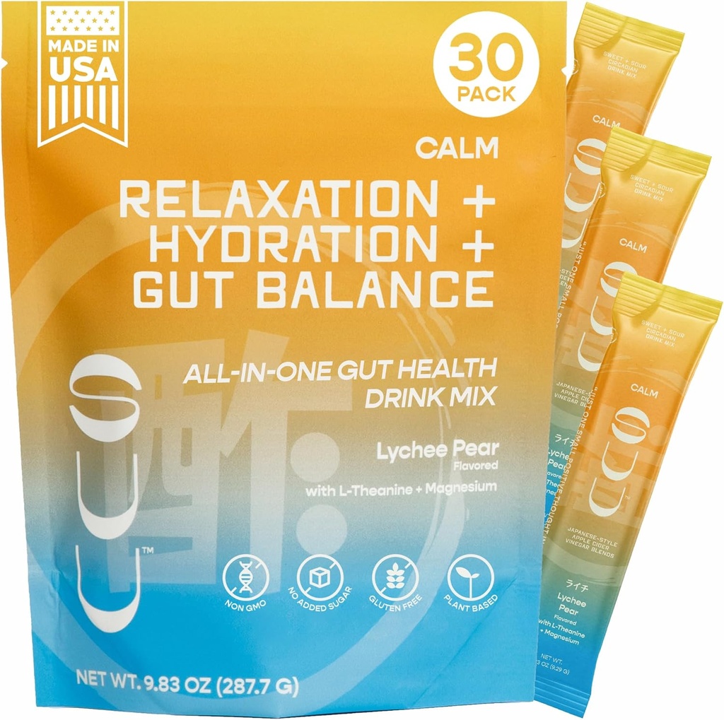 Calm Gut Health Drink Mix|Apple Cider Vinegar Prebiotics,Probiotics Gut Health for Women & Men|L-Theanine & Magnesium| Digestive Health & Mood Support, Relaxation & Hydration|Lychee Pear,30 Servings