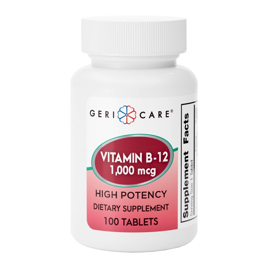 GeriCare Vitamin B-12 1000mcg High Potency Tabletleri, Enerjiyi artırmak için Premium Diyet Supplement, Beyin Sağlığını Desteklemek ve Sağlıklı Bir Nervous Sistemi 100 (Kap 1)
