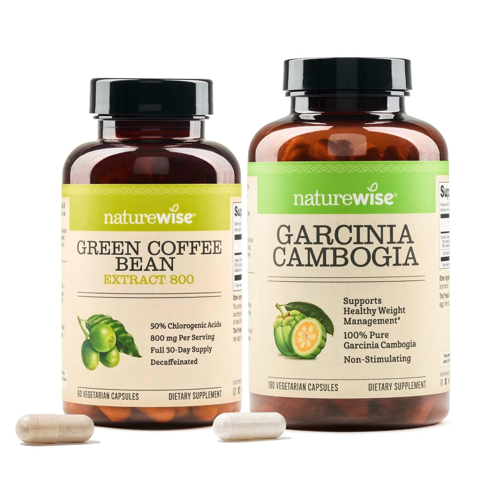 NatureWise Green Coffee Bean 800 mg ve Garcinia Cambogia 180 Capsules Kilo Hedefleri Desteği
