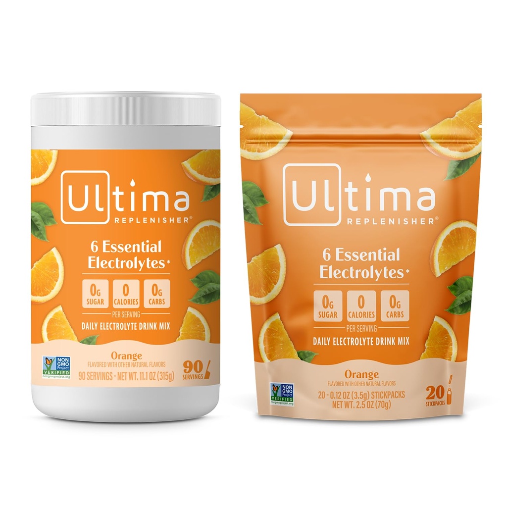 Ultima Replenisher Electrolyte Toz İçecek Mix Sche – Sugar Free – Orange, 90 Canister ve 20 Stickpacks – 6 Electrolytes and Minerals – Keto Friendly, Vegan, Non-GMOMOMO