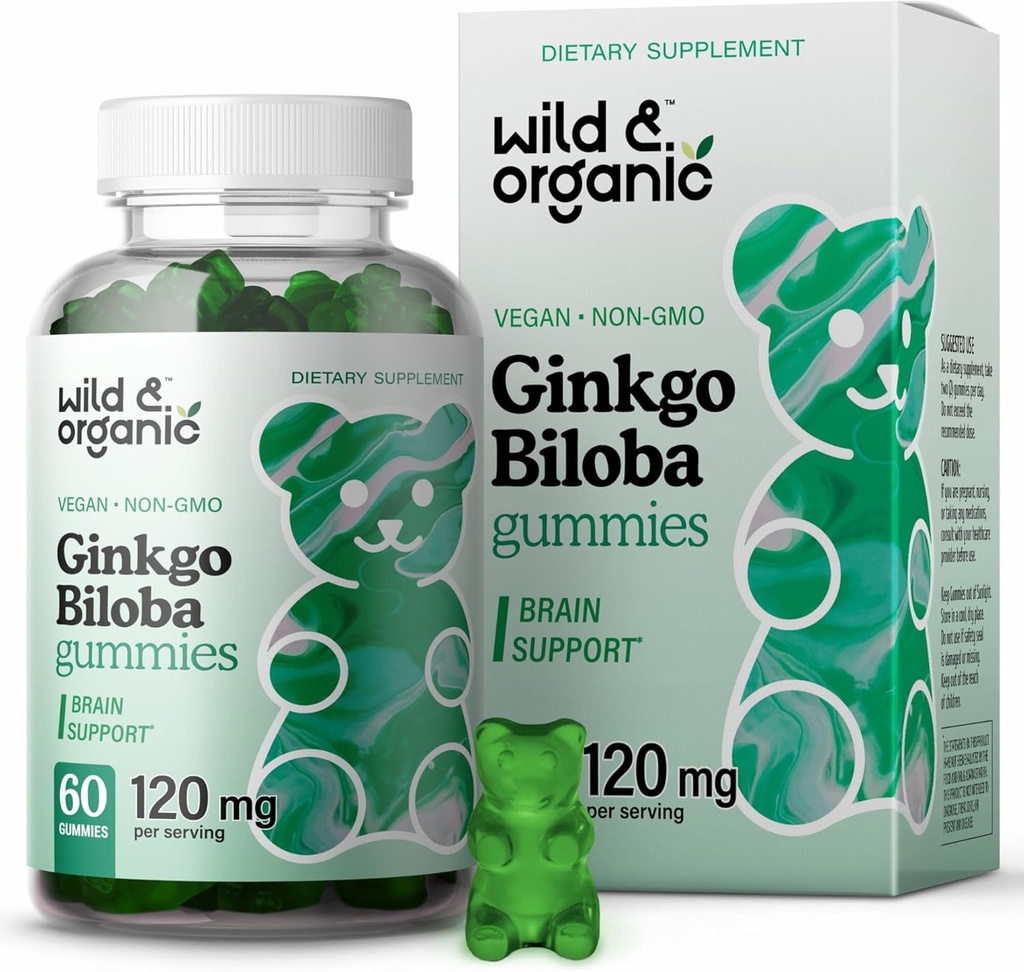 Vahşi & Organik Gingko Biloba 120mg Gummies - Beyin Desteği ve Odak Supplement w/Ginkgo Biloba Ekstraksiyon - Vegan, Non-GMO - 60 Pectin-Based Herbal Chewables