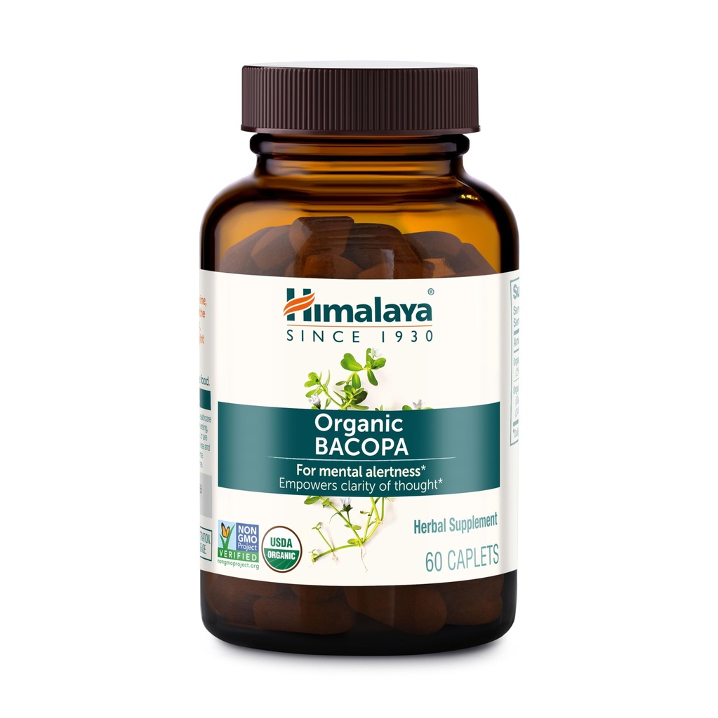 Himalaya Bacopa Monnieri Nootropic Herbal Supplement, Destekler Calm, Memory, Cognition, USDA sertifikalı Organik, Non-GMO, 750 mg, 60 Plant bazlı Caplets, 60 Day Supply-Based
