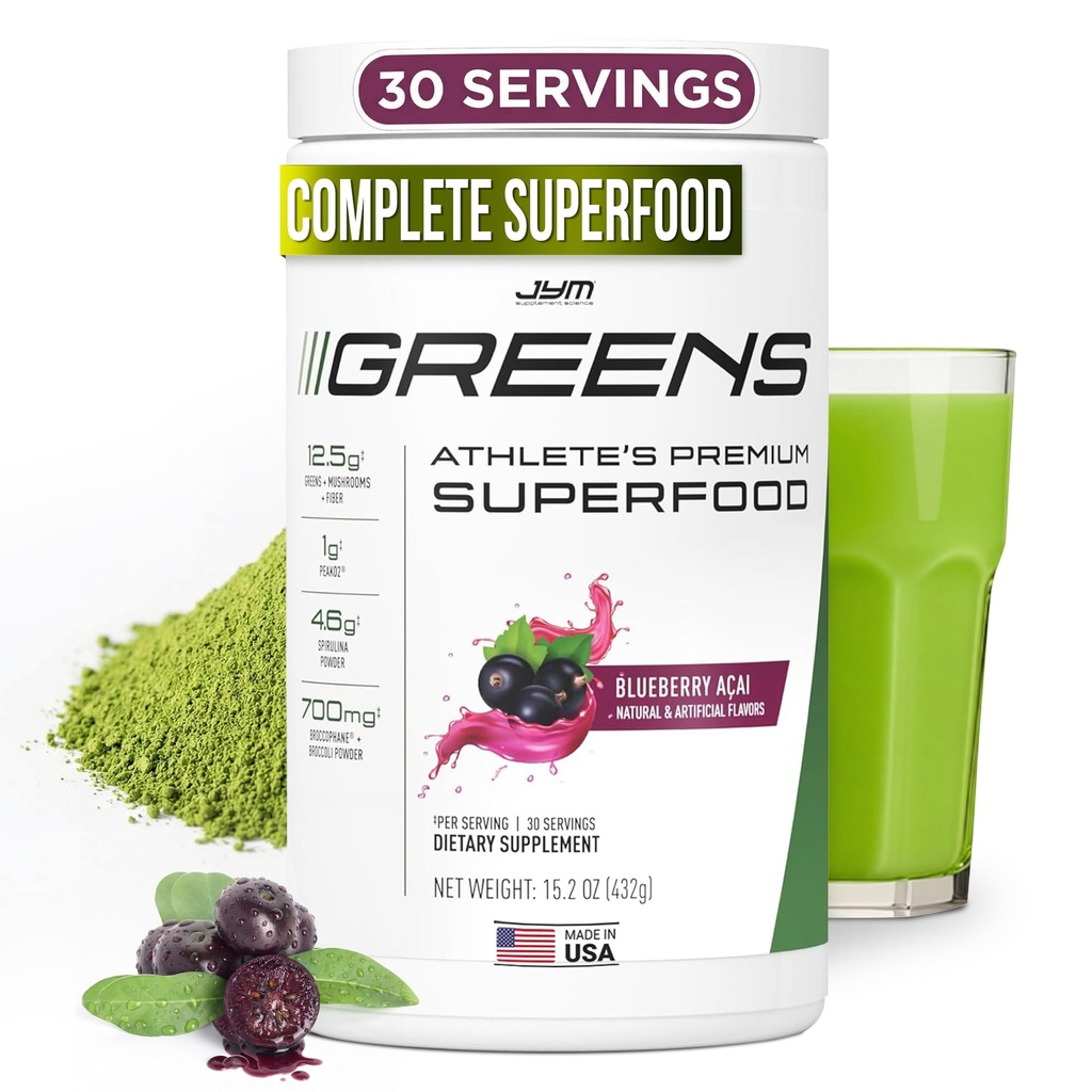 JYM Greens Super Food Powder for Performance, Blueberry Acai, Spirulina, Mushrooms, Vitamins, BroccoPhane & Broccoli, Men & Women, 30 Servings