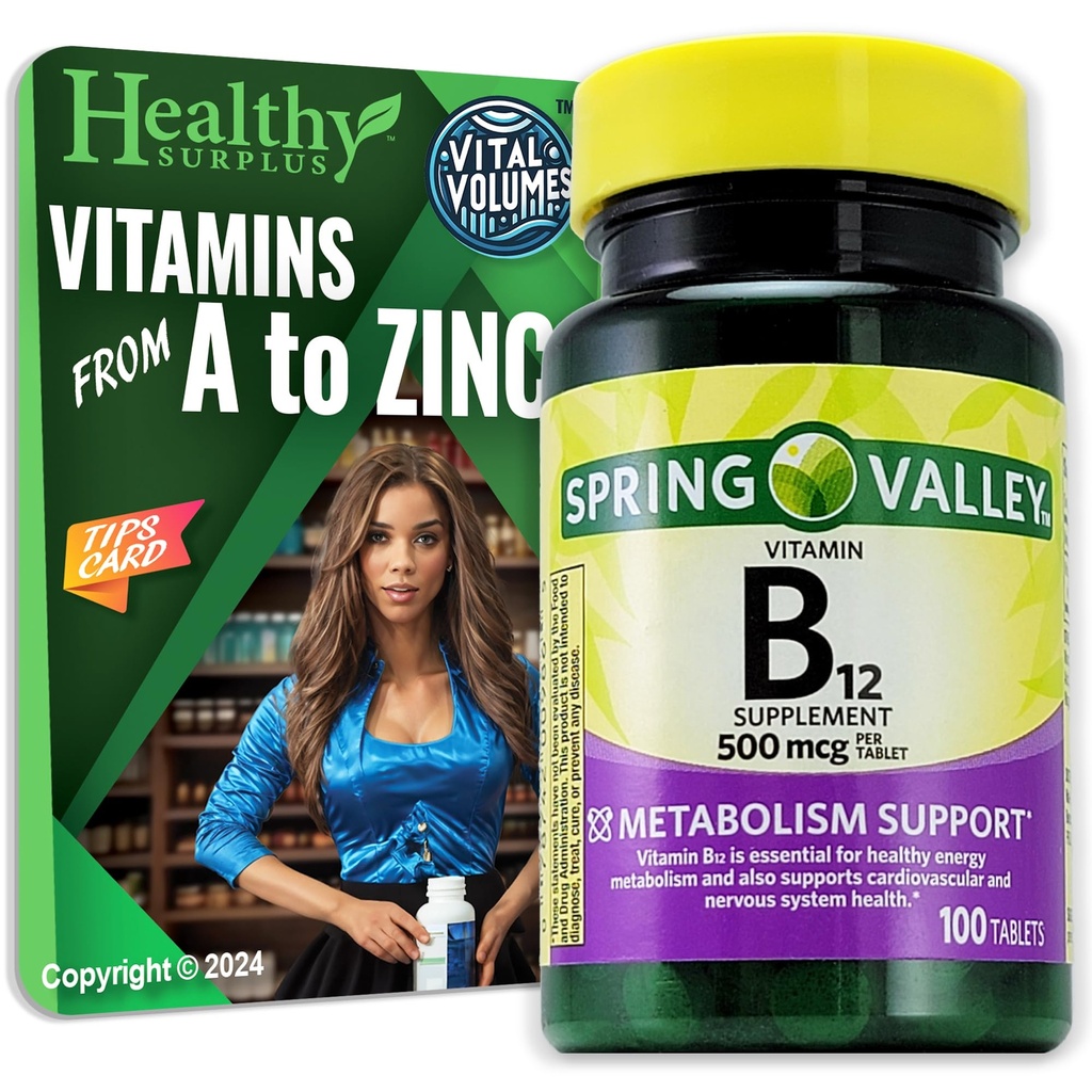 Sağlıklı Surplus Vitamin B12 Tamam Tabletleri 500 mcg 100 Tablet ve Vital Volumes Tips Card