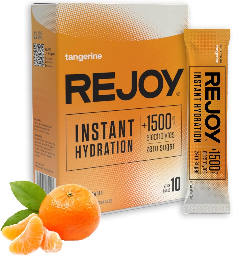 Rejoy – Elektrolyte Toz Paketleri, 10 Sticks – Hydration Drink Mix Supplement – Sugar Free, Keto and Paleo Friendly, Vegan, Non-GMO, Easy Open Single-Serving Stick (Tangerine)