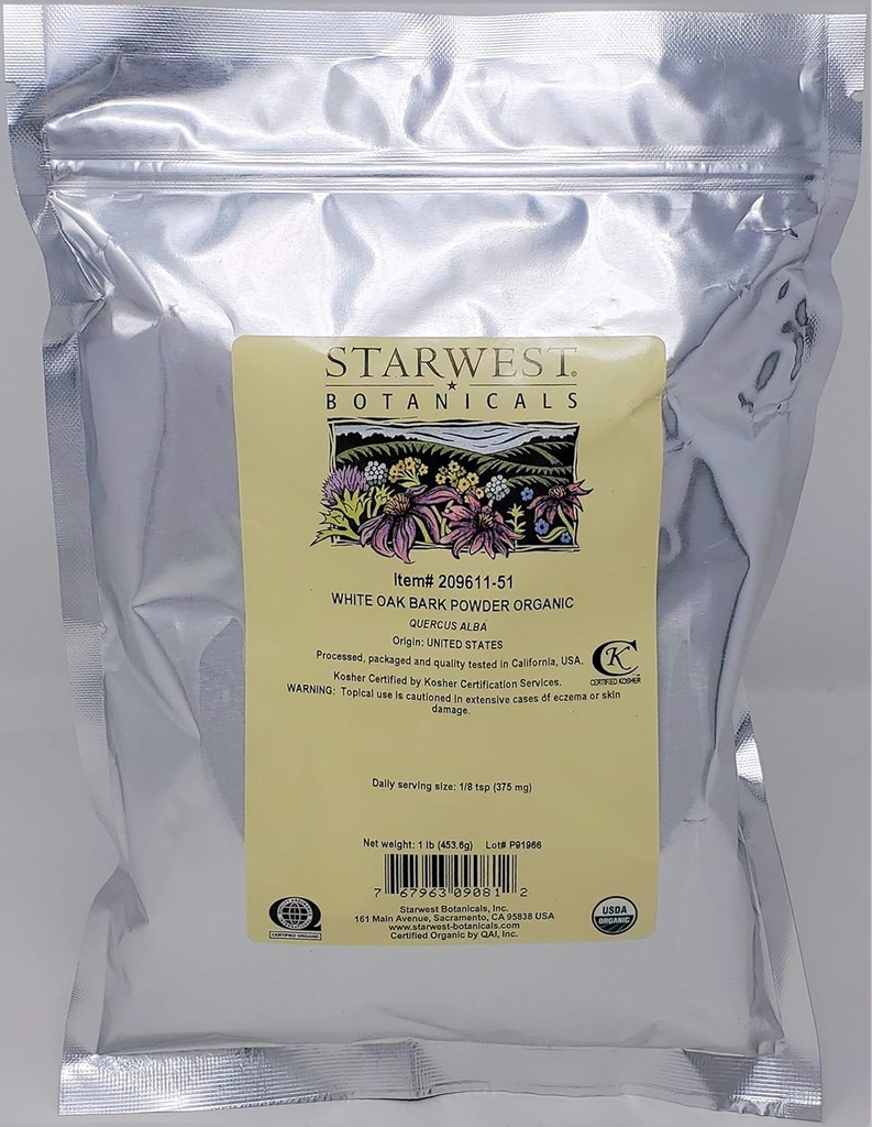 Starwest Botanicals Organik Beyaz Oak Bark Toz, 1 Pound