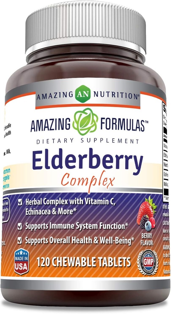 Amazing Formulas Elderberry Kompleksi | 120 Chewable Tabletler | Berry Flavor | Non-GMO | Gluten-Free | Made in USA