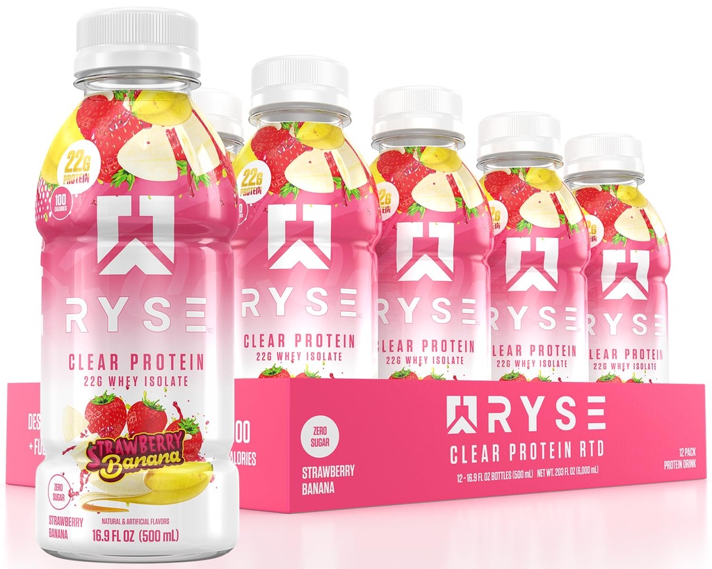 RYSE Clear protein İçgörü - Strawberry Banana - 100 Calories, 22g Whey Isolate Protein Shake, Sugar-Free, 0g Fat & Lactose-Free - Hazır Giyim - 16.9 fl oz Şişeler (12-Pack)