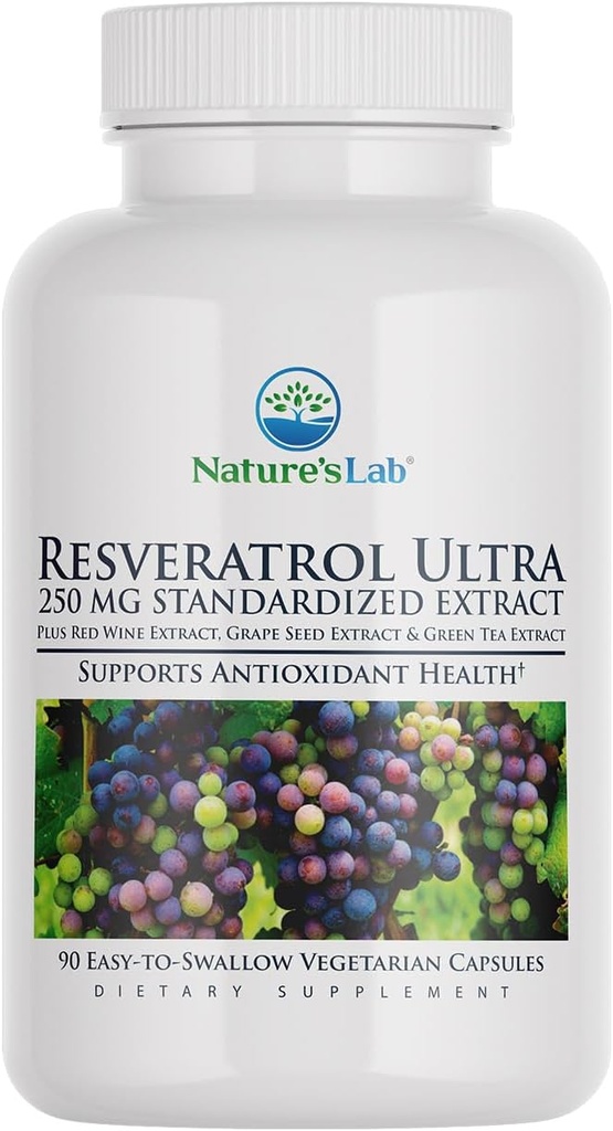 Nature's Lab Resveratrol Ultra - Antioxidant Supplement* - 250mg Trans-Resveratrol, Red Wine Extract, Green Tea Extract- Non-GMO, Gluten Free, Vegan – 90 Count (3 Month Supply)