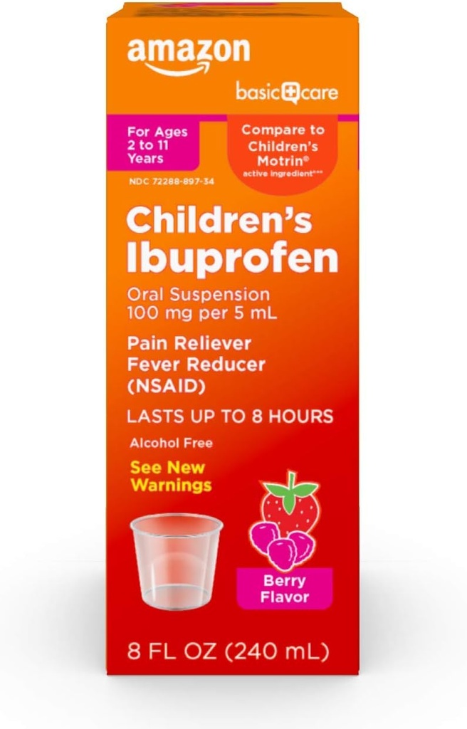 Temel Bakım Çocuklarının Ibuprofen Oral Suspension, 5 mL başına 100 mg, Ağrı Reliever ve Ateş Tespiti, Berry Flavor, For Sore Throat, Headache Relief and More, 8 fl oz (kahkadar)