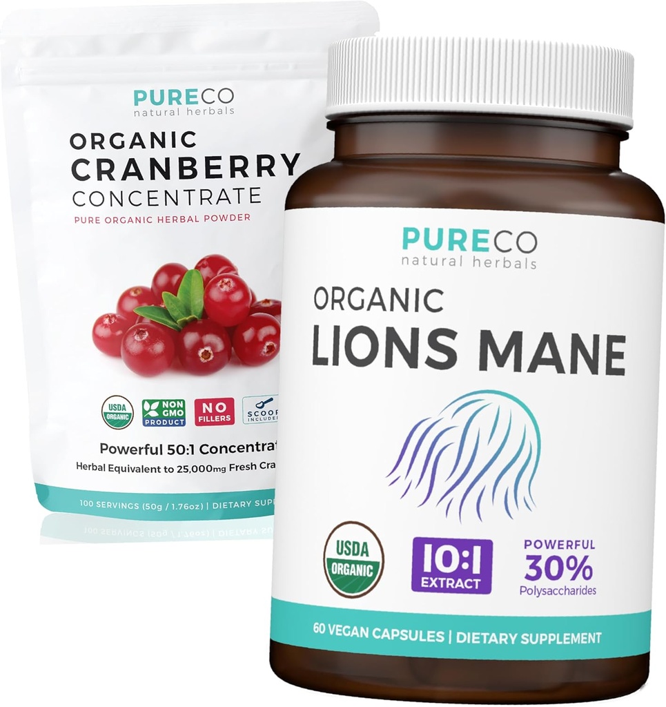 Cranberry Toz & Lions Mane (1-Month Supply) Organik Cranberry Grafik Toz 50:1 Ekstraksiyon (100 Scoops) & Organik Lions Mane Mushroom 10:1 Ekstraksiyon (60 Caps)