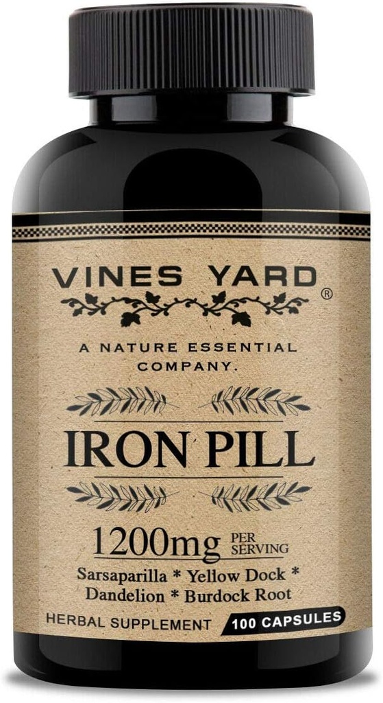 Demir Supplements | Natural Herbal Iron Pills | Organik Sarsaparilla, Dandelion, Burdock Root & Yellowdock Capsules 1200 mg | 100 Pack