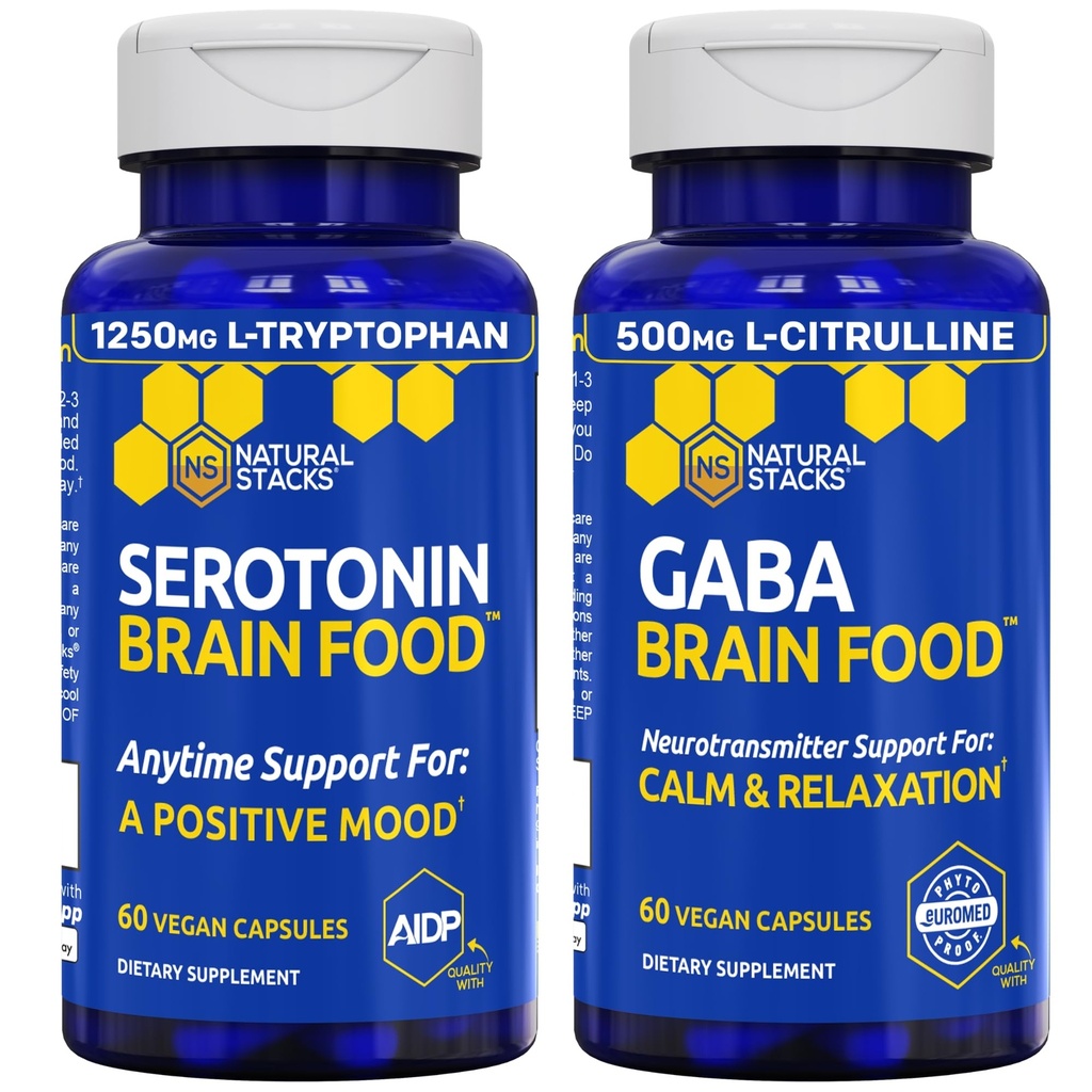 NATURAL STACKS Serotonin & GABA Brain Food Bundle - Supports a Positive Mood & Calmness* - 120 Total Capsules