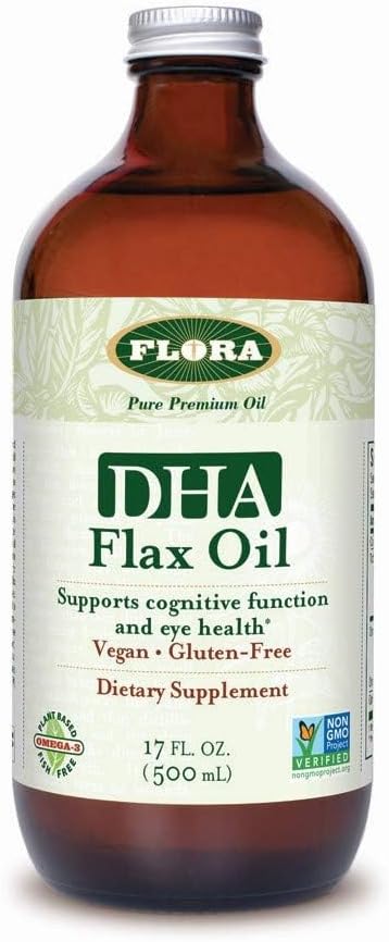 Flora DHA Flax Oil - Beyin Sağlığını Destekler - Contains Vegan Omega-3-6-9, Gluten-Free, Kosher & Non-GMO - Keep Chilled - Glass Şişe - 17 fl. oz.