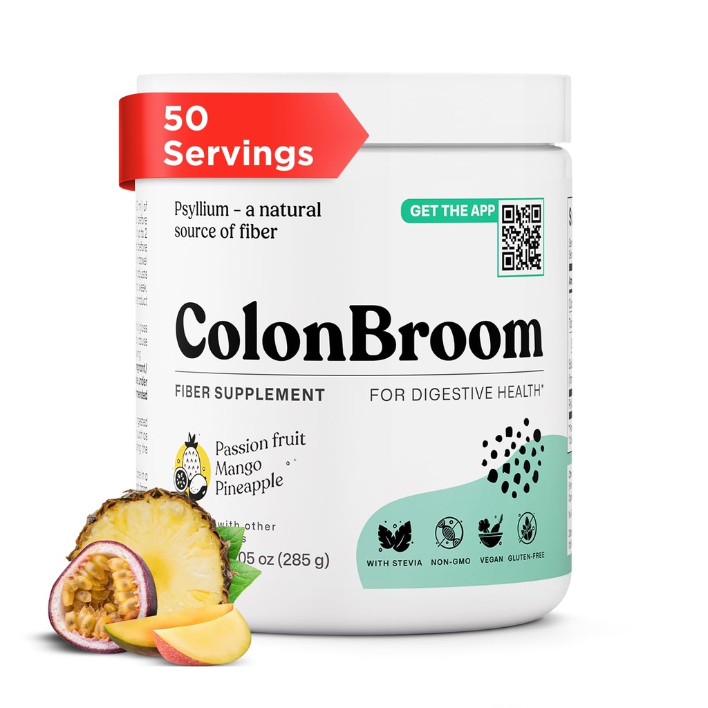 ColonBroom Psyllium Husk Powder with Stevia (Tropical Fruits, 50 Servings) - Colon Cleanse for Bloating Relief & Gut Health - Fiber Powder Drink - Vegan Supplement