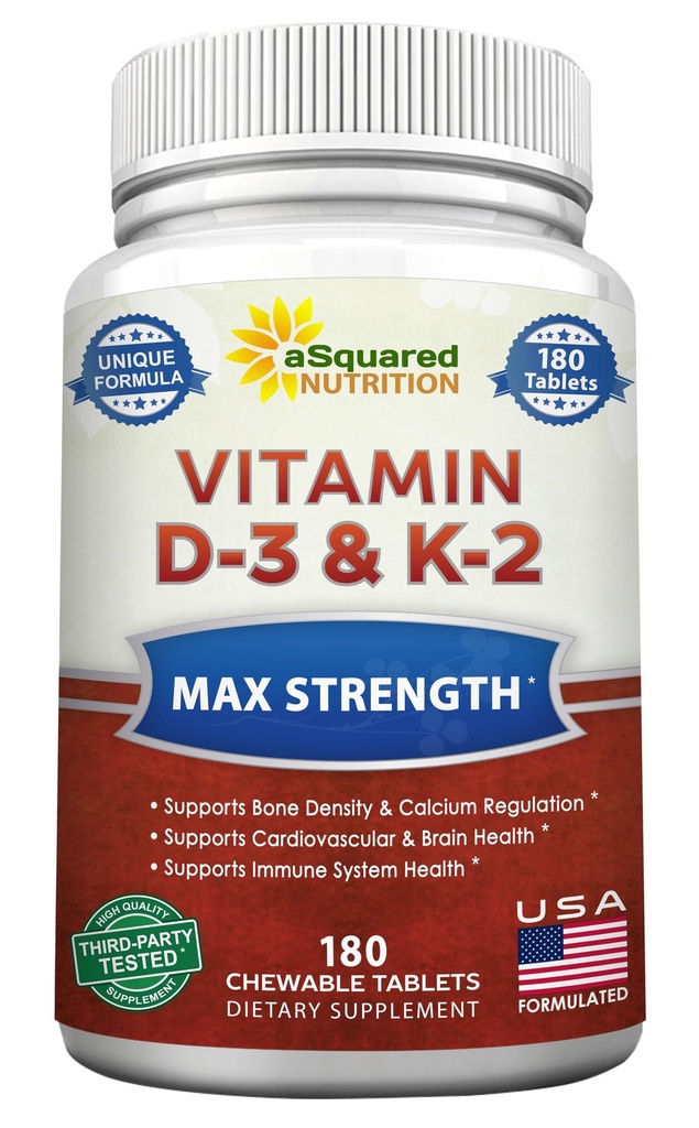 K2 Supplement-180 Chewable Tabletler ile ASquared Beslenme Vitamin D3, Max Strength D-3 Cholecalciferol & K-2 MK7 Sağlıklı Kemikleri, Dişler, Kalp - Antioksi D3 & K2 MK-7 Enerji Formula Yetişkinler