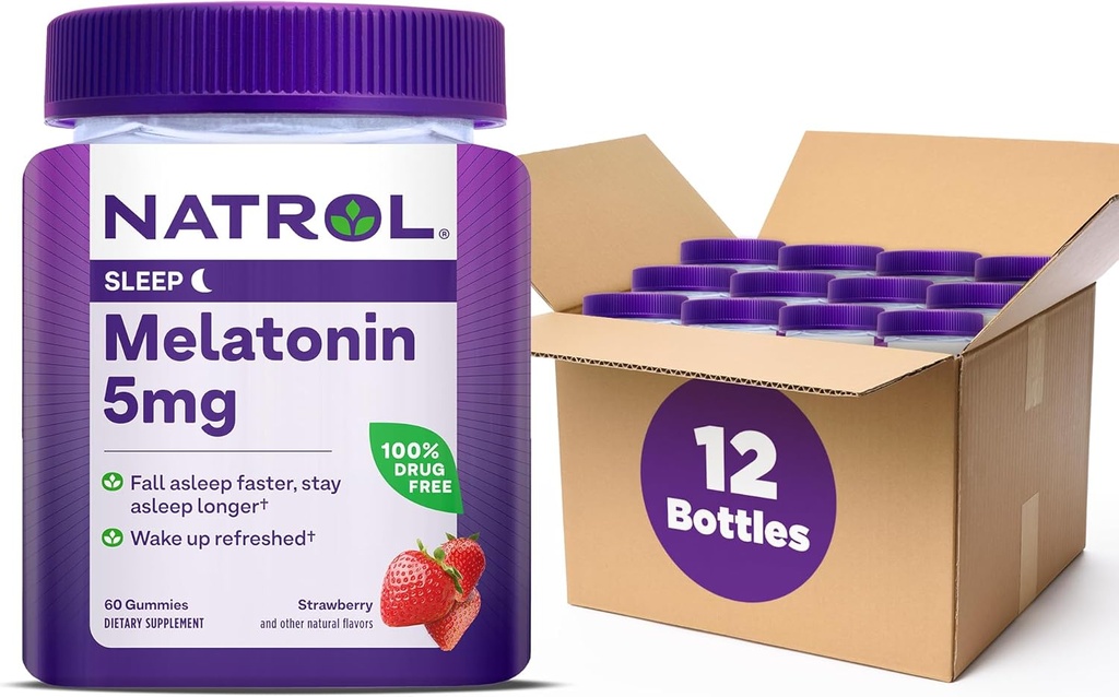 Natrol 5 mg Melatonin Gummies, Sleep Support for Yetişkinler, Melatonin Supplements for sleep, 60 Strawberry-Flavored Gummies, 30 Day Supply (Pack of 12)