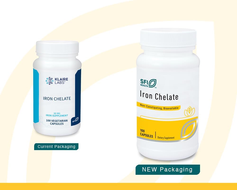 Klaire Labs SFI Health Iron Bisglycinate Chelate Supplement - 30 mg Ferrous Bisglycinate Chelate - Well-Tolerated, Well-Absorbed & Gentle on Stomach - Hipoallergenic (100 Capsules)