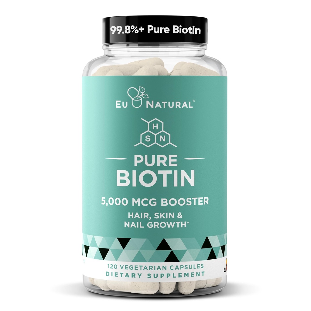 Biotin 5000 mcg Hair Skin Nails Supplement - Kadınlar ve Erkekler için Yüksek Lisans Saç Büyüme Vitaminleri - Sağlıklı Saç, Güçlü Çiçekler ve Glowing Skin için Güçlü Destek - 120 Vegan Soft Capsules