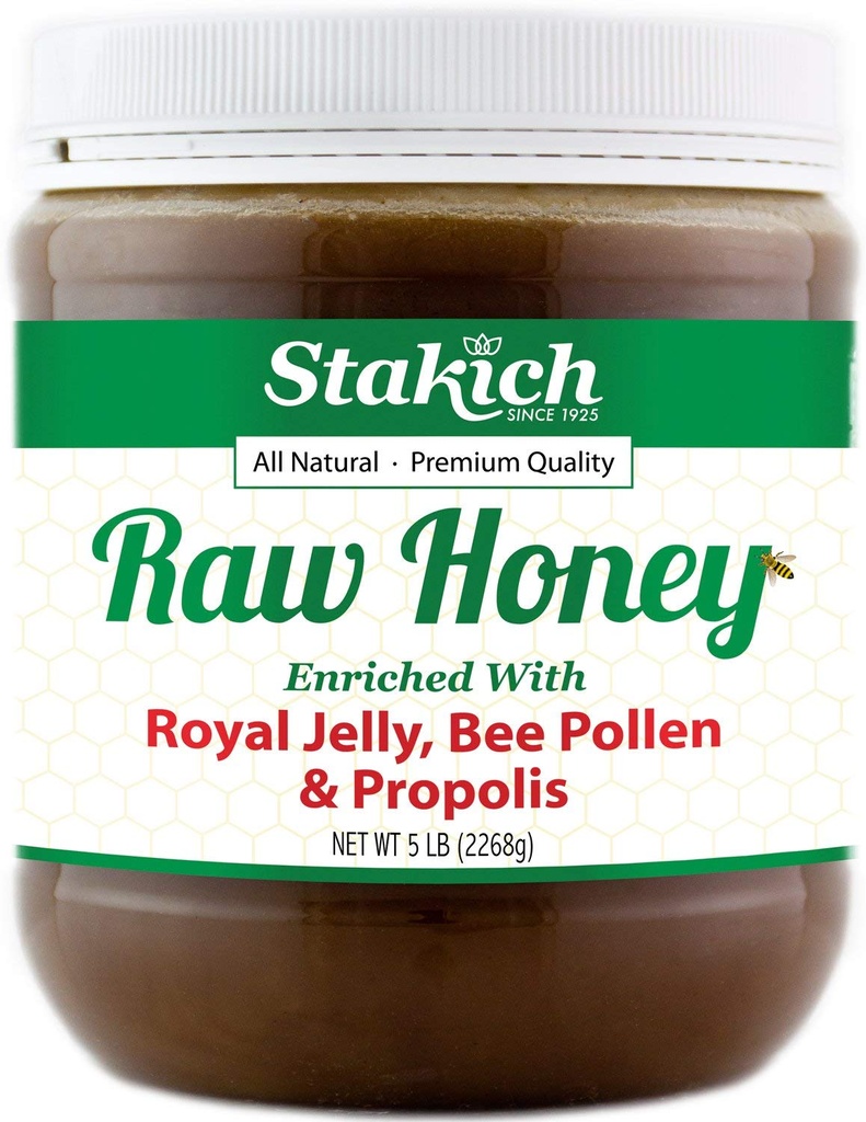 Stakich Royal Jelly, Bee Pollen, Propolis En Zenginleştirilmiş Raw Honey - Pure, Unprocessed, Unseted - 5 Pound (80 Ounce)