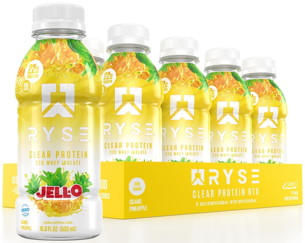 RYSE Clear protein İçgörü - Jell-O Island Pineapple - 100 Calories, 22g Whey Isolate Protein Shake, Sugar-Free, 0g Fat & Lactose-Free - Re-to-Drink İçecek - 16.9 fl oz Şişeler (12-Pack)