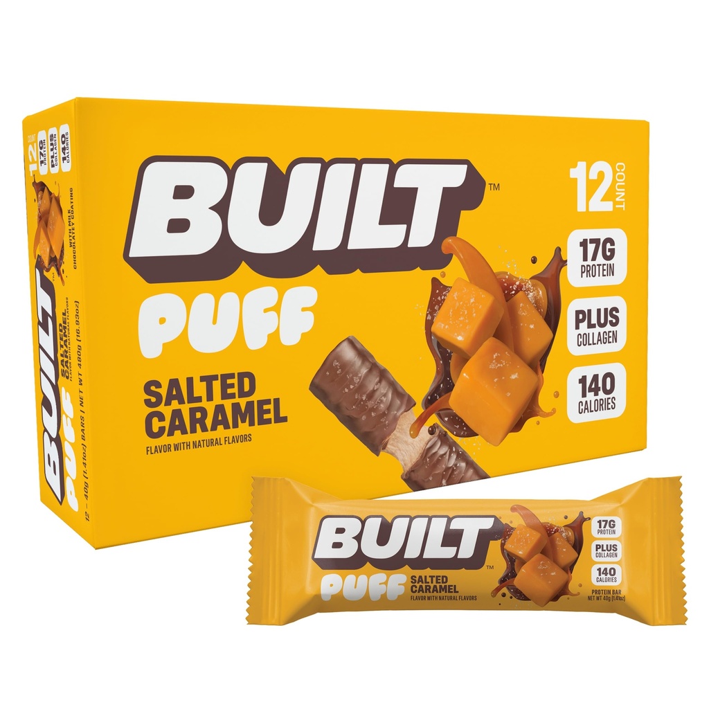 İnşa edilen Bar, Puff protein Barlar, Salted Caramel Puff, 17g Protein Snacks, On-The-Go Bars, Only 140 Calories, 6g Sugar, Collagen, Gluten Free, 12 Countagen, Gluten Free, 12 Count