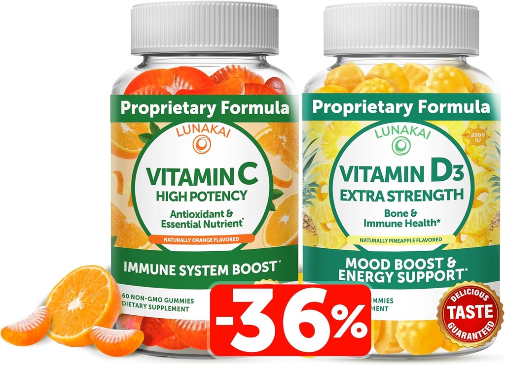 Lunakai Vitamin C ve D3 Gummies Sche - 300 mg Organik, Non-GMO, Vegan Chewable Gummy - Immunity, Bone and Mood Support Supplement for Yetişkinler
