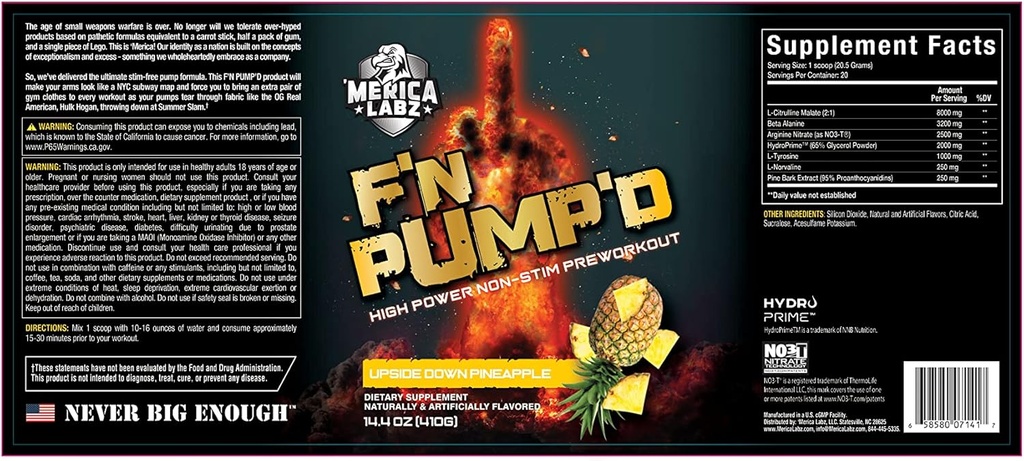 'Merica Labz F'N Pump'D Stimulant Free, Nitrik Oksit,Fully Dosed, Pump PreWorkout Toz (20 hizmet) (Upside Down Pinele)
