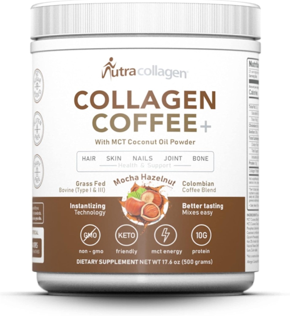 NUTRACOLLAGEN Peptide Toz Premium Columbian Kahvesi ile; Grass-Fed; Keto Friendly, MCT Coconut Oil Toz, Soy Free, Gluten Free, Sugar Free, 40 mg Caffeine/SVG; Mocha Hazelnut 25 Hizmetler