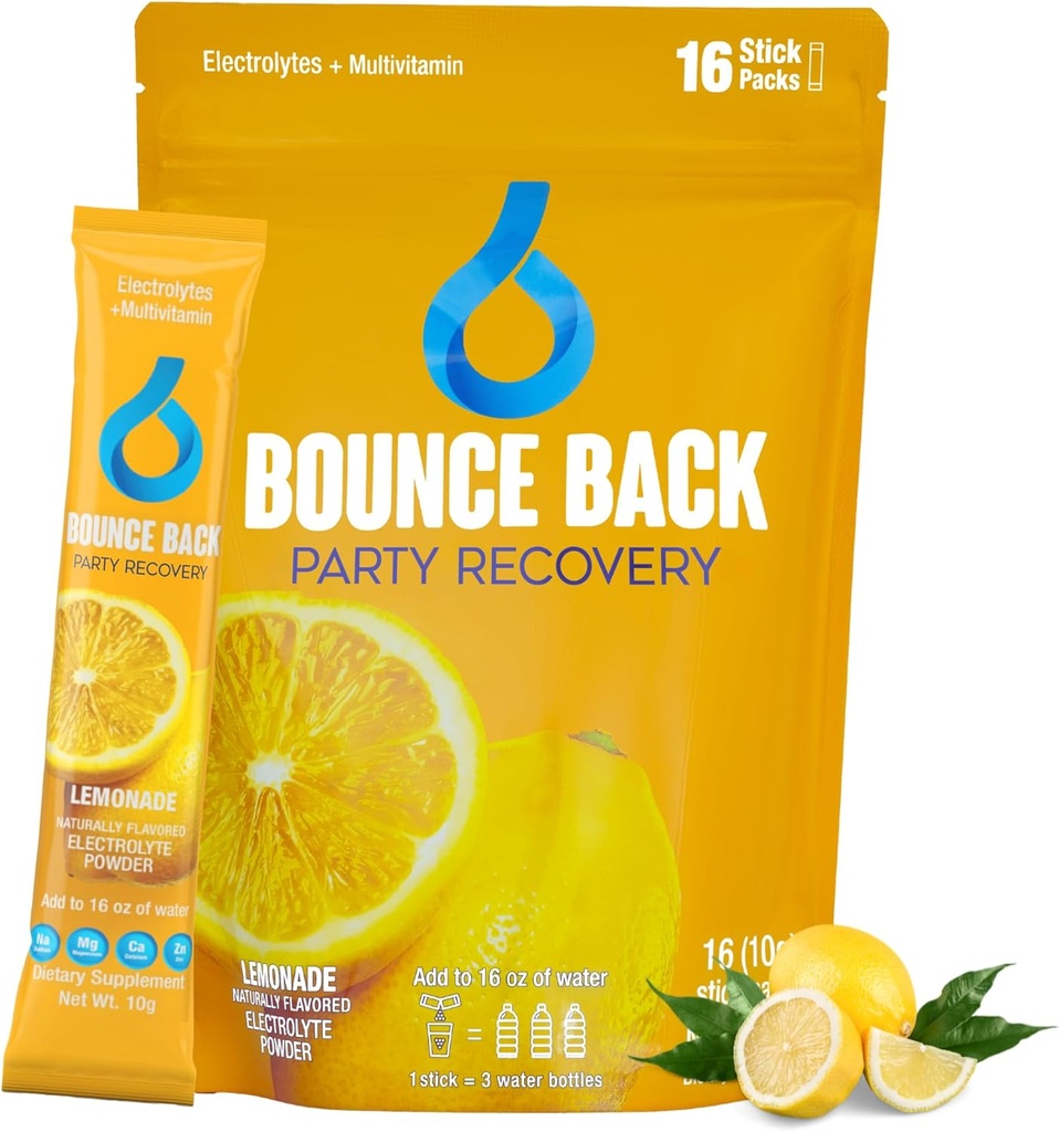 Bounce Back Pre and Post Drinking Liver Support | Electrolyte + Vitamins and Mineral Hydration Packs | Perfect After a Night Out | Vacation and Travel Essential (16 Pack, Lemonade)