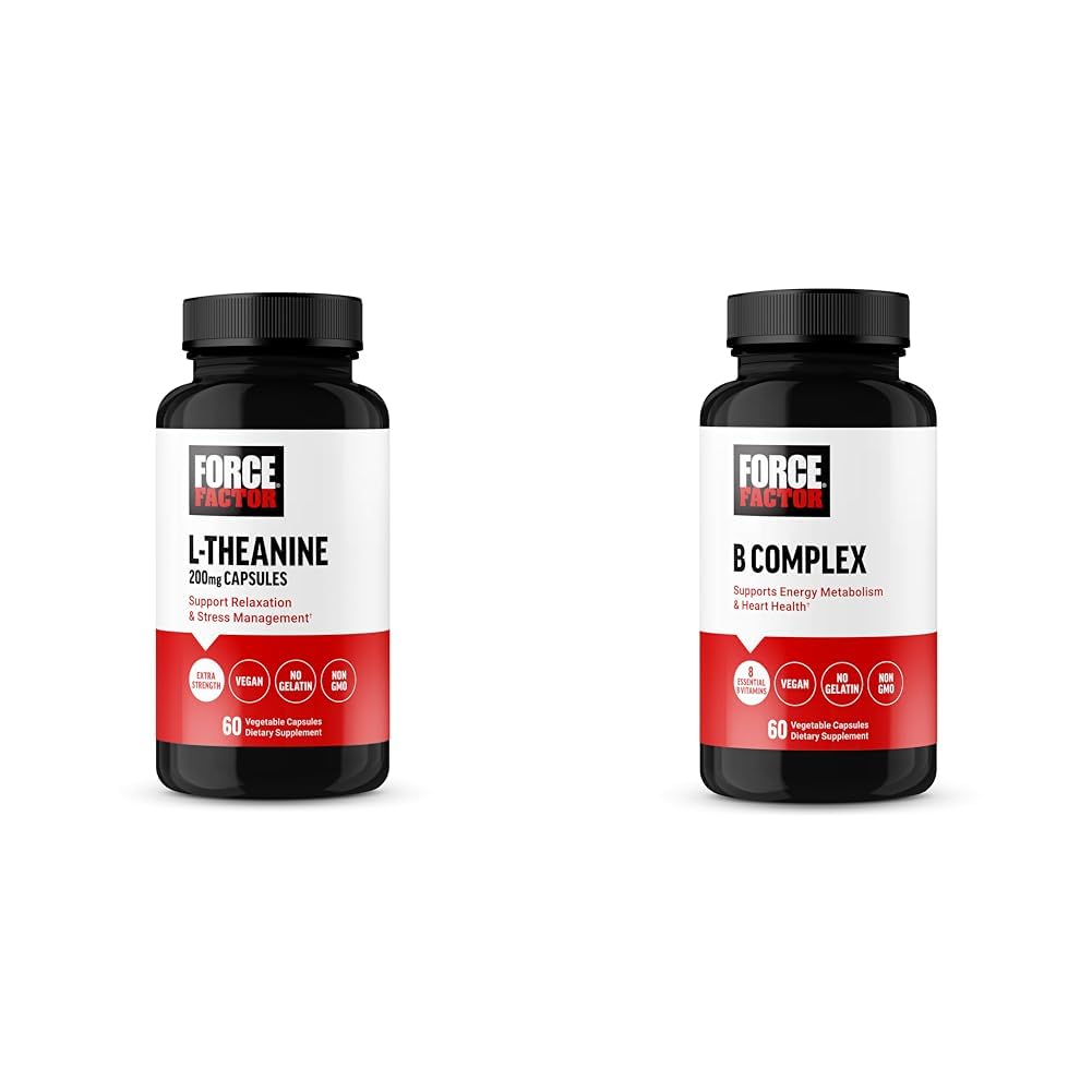 Force Factor L Theanine 200mg and Vitamin B Complex Supplement Bundle, 60 Capsules Each