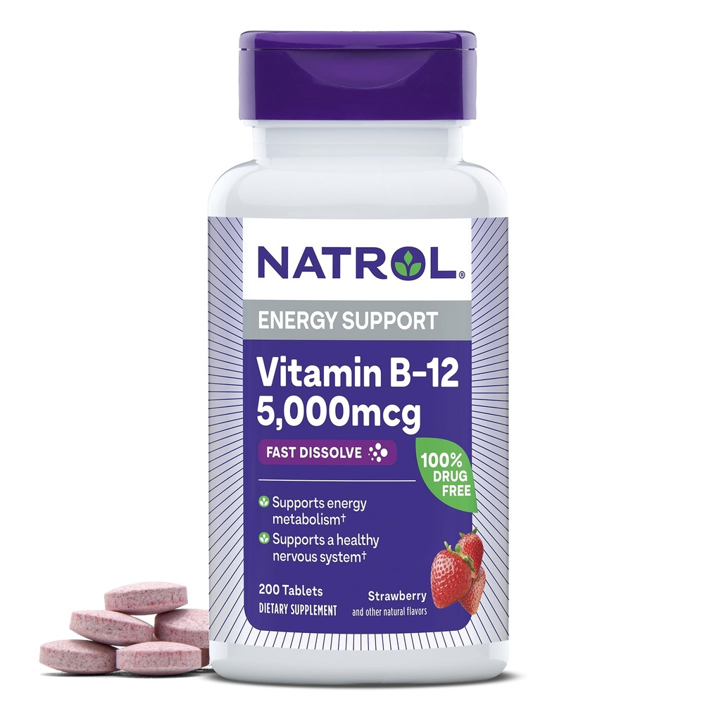 Natrol B12 Vitamins 5000 mcg, Fast Dissolve Vitamin B12 Supplement Supports a Healthy Nervous System and Energy Metabolism, 200 Tablets, Up to a 200 Day Supply