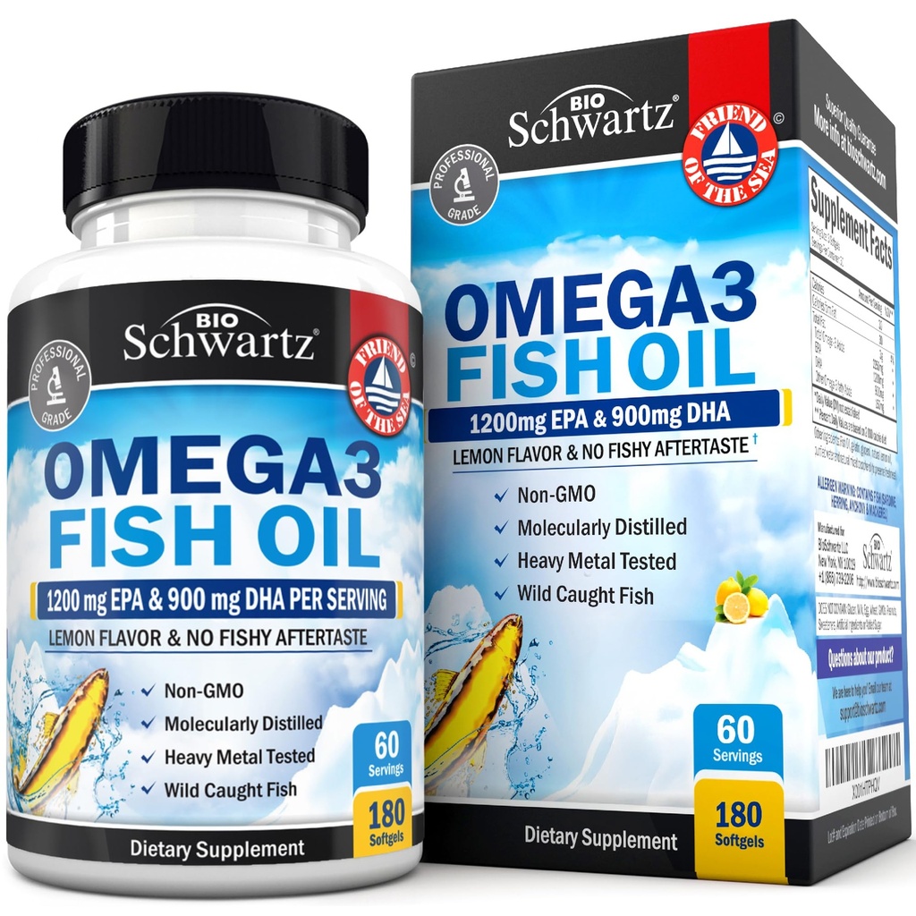Triple Strength Omega 3 Fish Oil Supplement - 2250 mg EPA DHA Omega 3 Fatty Acids from Fresh Wild Caught Fish, Burpless Lemon Flavor Formula Supports Eye Health and More, Gluten Free, 180 Softgels