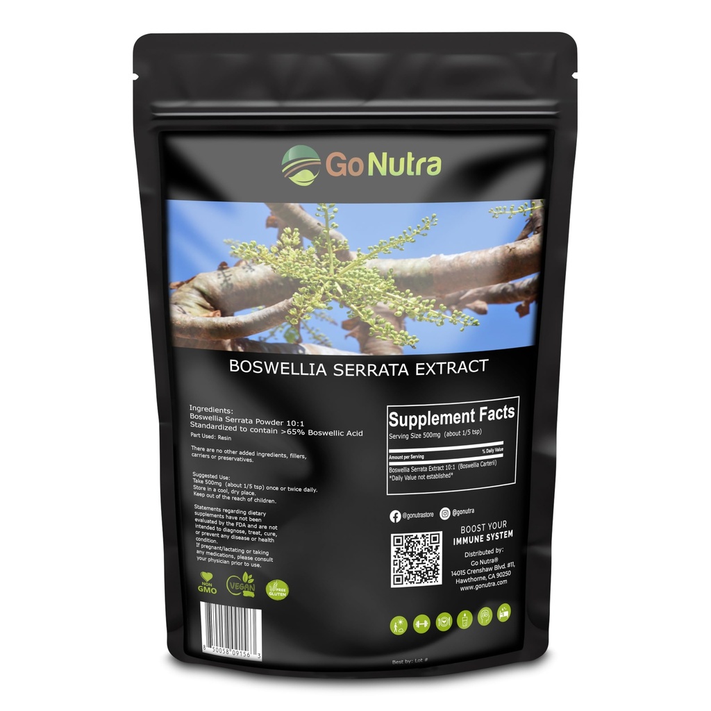 Go Nutra Boswellia Serrata Extract Toz 10:1 Güçlü 65 Boswellic Acid Frankincense Supplement Ortak Destek - 8 oz.