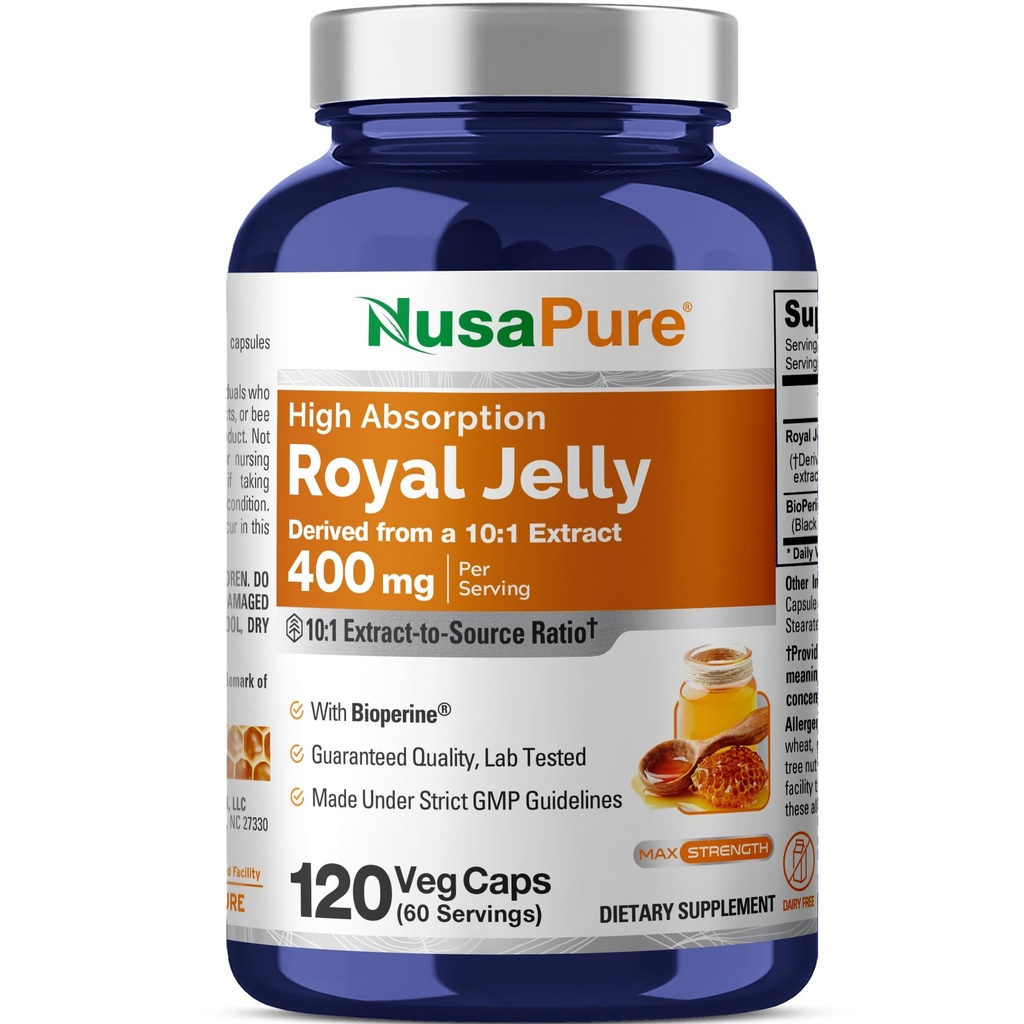 NusaPure Royal Jelly 10:1 Ekstraksiyon, 400 mg 4000 mg Eşdeğer - 120 Veggie Capsules (Non-GMO, Gluten Free, Bioperine)