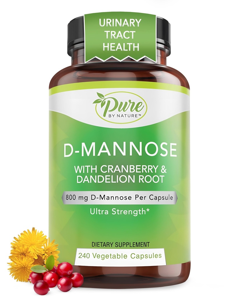 Pure By Nature 600 mg D-Mannose Vegan Capsules with Cranberry & Dandelion Extract, Urinary Tract Health Support, Flush Impurity, Detox Body, 240 Count Count