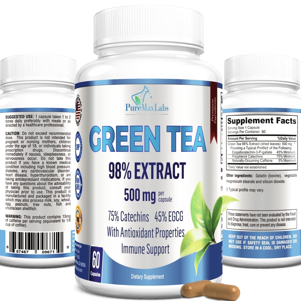 Yeşil Çay %98 - 3X Güçlü,% 75 Polyol Catechins,% 45 EGCG, Super Antioksi - 60 Capsules