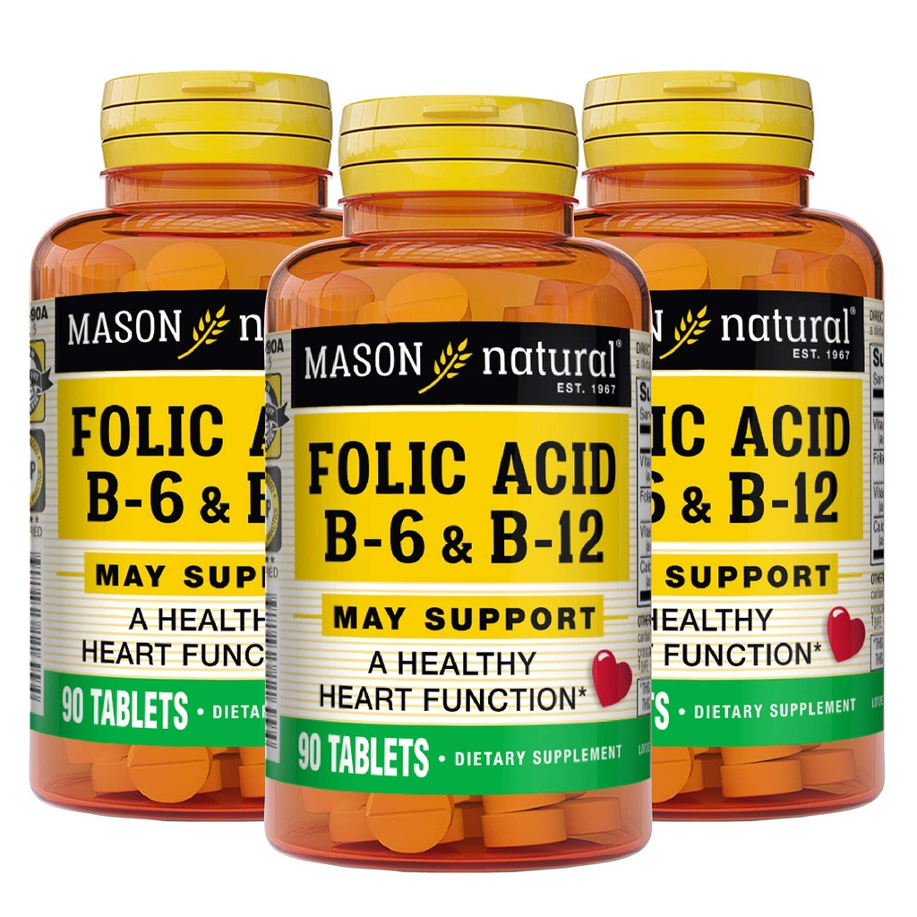 MASON NATURAL Kalp Formula B6/B12/Folic Asit Tabletleri, Diyetsel Tamam Destekler Kartiovasküler Sağlık, Red Blood Hücre Formasyon, Metabolik Fonksiyonlar, 90 Kont (Pazarlama 3)