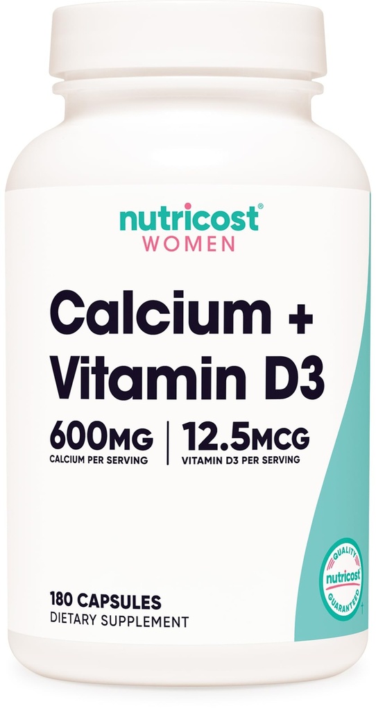Nutricost Calcium (600mg) + Vitamin D3 (12.5mcg) for Women, 180 Capsules - Vegan, Non-GMO, Gluten Free - 60 Servings