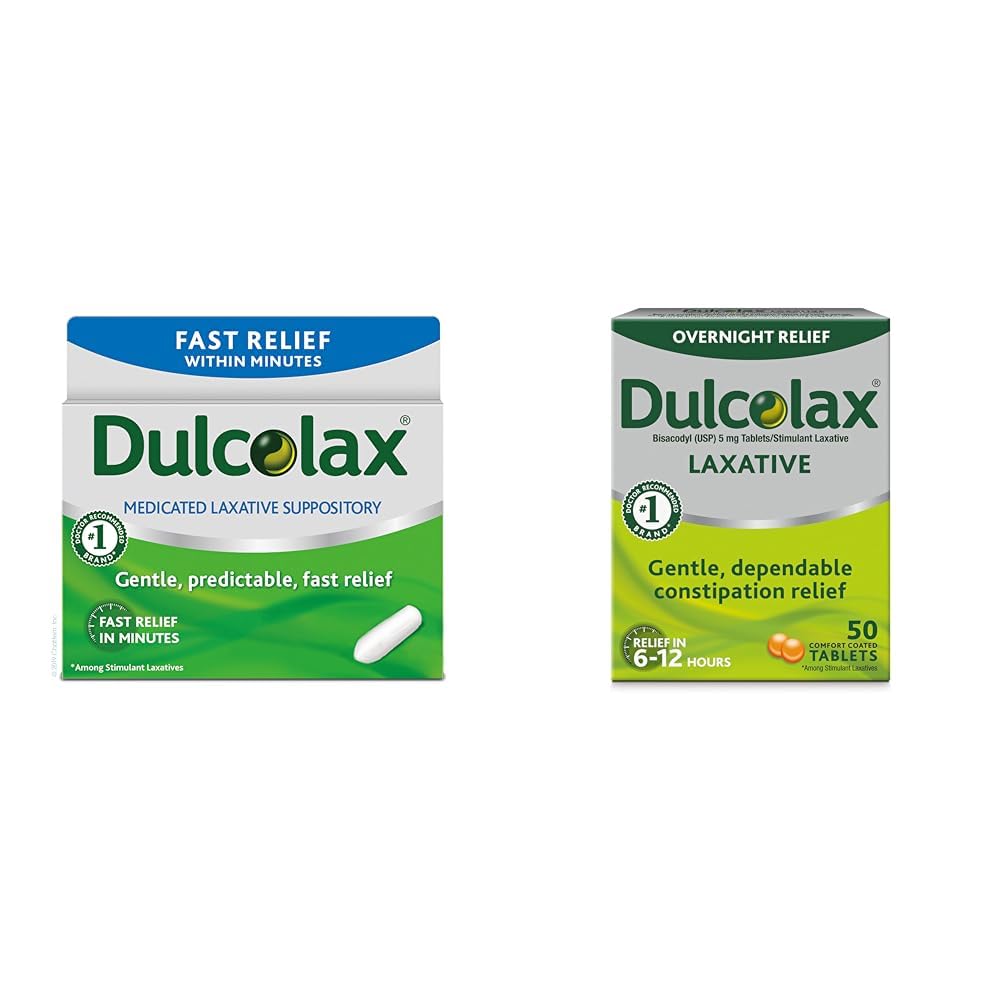 Dulcolax Fast Relief Medicated Laxative Suppositories Fast Relief, Rectal Use Only, Bisacodyl, 10 mg & Overnight Relief Laxative for Gentle Constipation Relief, Bisac Countl 5 mg Tabletleri, 50